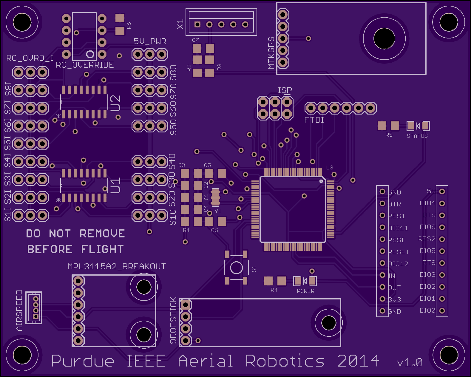 Front view of the custom Purdue IEEE Aerial Robotics controller PCB